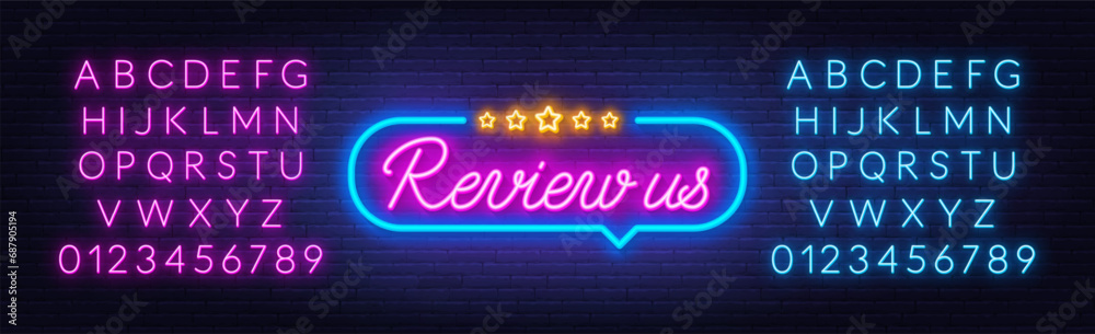 Review Us neon sign in the speech bubble on brick wall background. Review Us neon sign in the speech bubble on brick wall background.