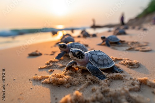 Baby Turtles Crawling To The Ocean On Sandy Beach. Сoncept Beach Sunrise, Nature's Miracle, Hatchling Journey, Precious Moments