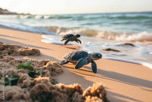 Baby Turtles Crawling To The Ocean On Sandy Beach