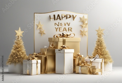 Happy New Year written on the Luxury Board with Gifts. Happy New Year 2024.