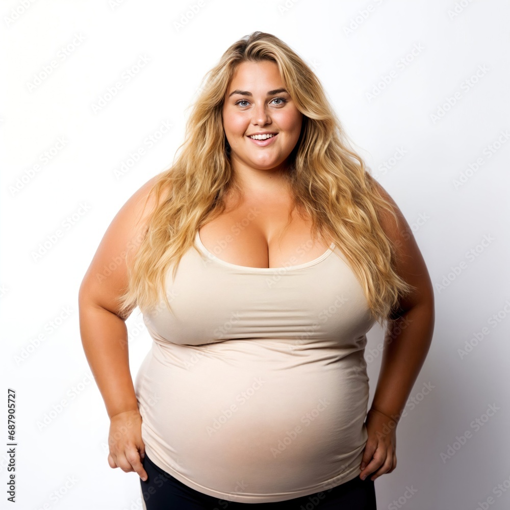 jeune femme souriante de très forte corpulence en tenue de sport sur fond blanc jeune femme souriante de très forte corpulence en tenue de sport sur fond blanc