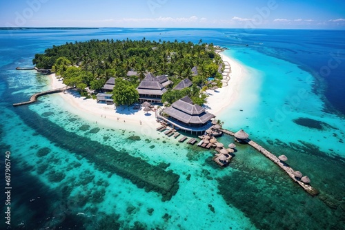 vu aérienne d'un atoll polynésien avec complexe hôtelier et plage privée photo