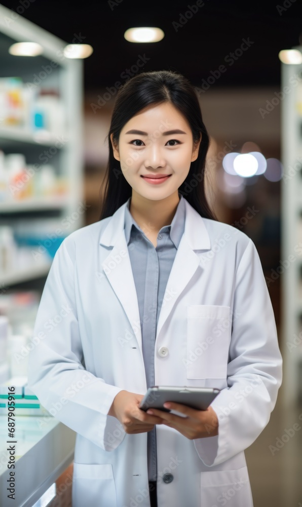 Young female pharmacist standing in clinic holding gadgets and wearing lab coat, selling medicines and health supplies Young female pharmacist standing in clinic holding gadgets and wearing lab coat, selling medicines and health supplies