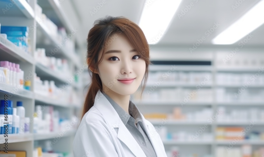 Young female pharmacist standing in clinic holding gadgets and wearing lab coat, selling medicines and health supplies
