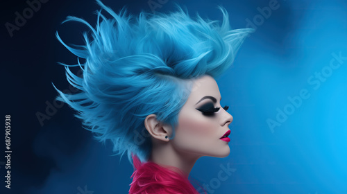 Bright Blue-Haired Woman with Striking Makeup Fashion Style Cover Magazine and Wallpaper