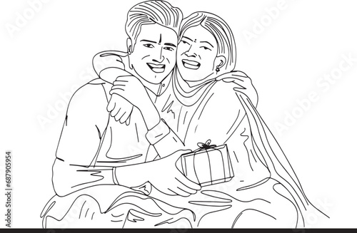 Cultural Celebration: Indian Brother Giving Rakhi Gift - Cartoon Drawing, Raksha Bandhan Delight: Cartoon Illustration of Indian Brother Gifting Sister