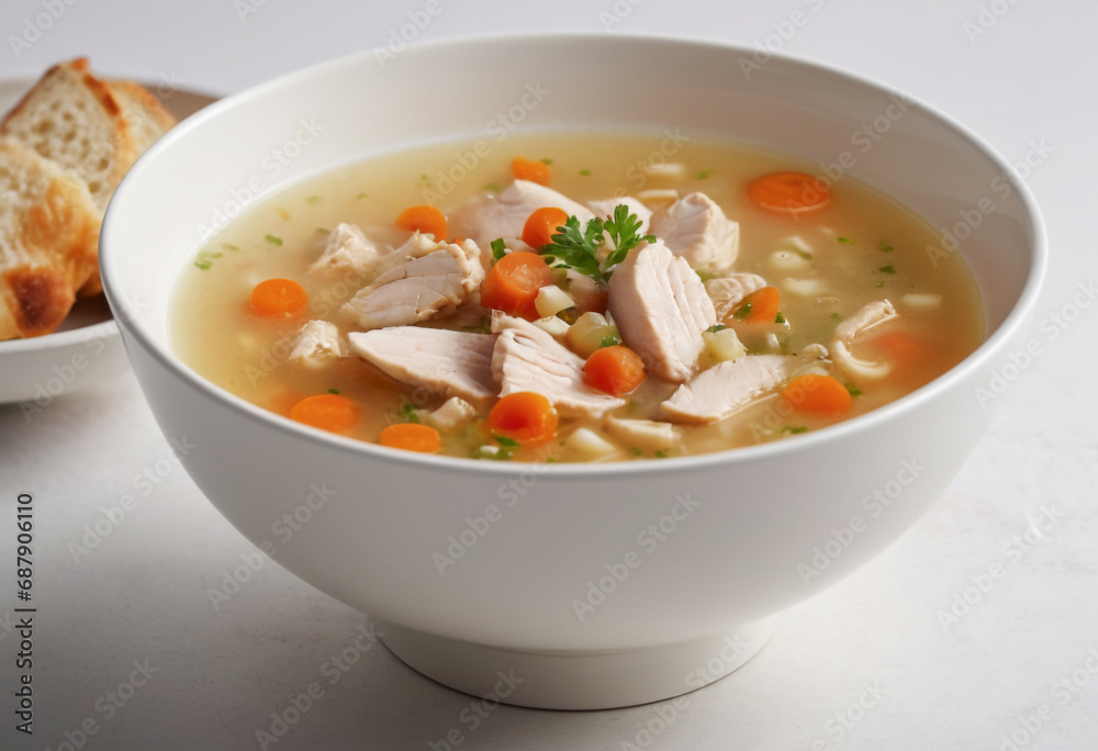 A bowl of chicken soup with sliced bread on the side, on a white background. A bowl of chicken soup with sliced bread on the side, on a white background.