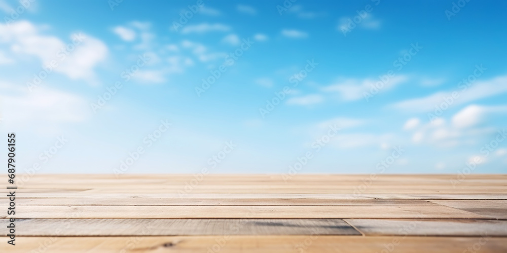 Wood table mockup with blue soft sky background. Empty copy space for product presentation. Generative AI Wood table mockup with blue soft sky background. Empty copy space for product presentation. Generative AI
