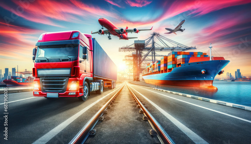 Vibrant Freight Transport Scene with Red Truck  Cargo Ship  and Plane