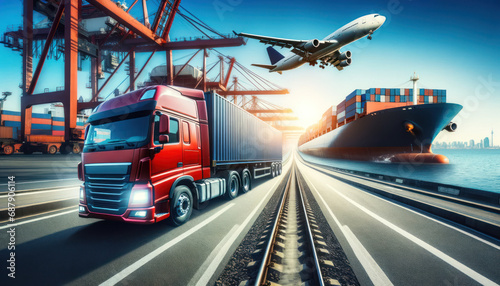 Vibrant Freight Transport Scene with Red Truck, Cargo Ship, and Plane © DVS