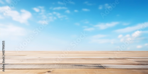 Wood table mockup with blue soft sky background. Empty copy space for product presentation. Generative AI