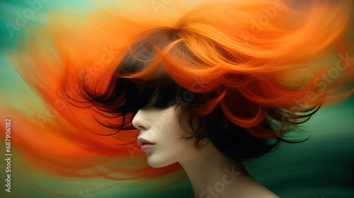 Blowing in the Wind: A Woman's Head with Vibrant Orange Hair. Fashion Style Cover Magazine and Wallpaper