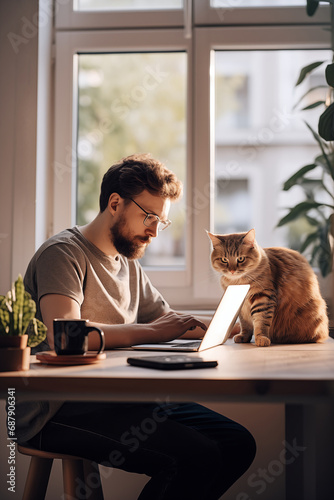 Man working remotely at home. Cat and the laptop, home office, online education © Catherine Chin