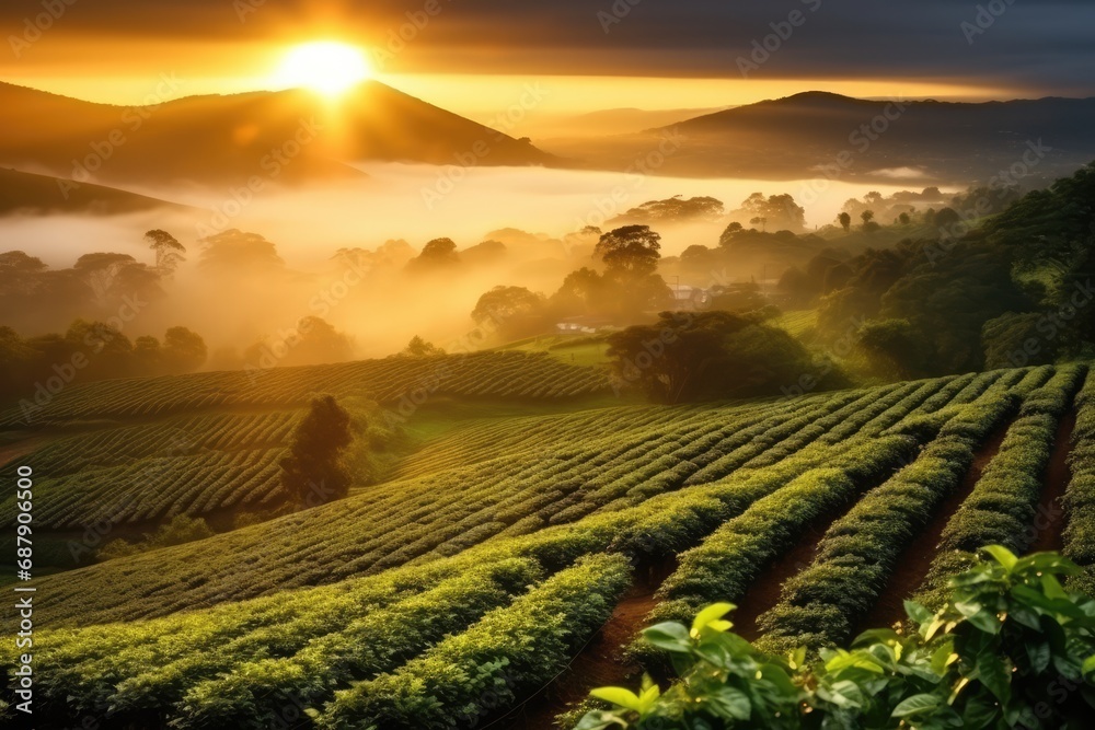 Coffee Plantation At Sunrise, Beautiful Landscape