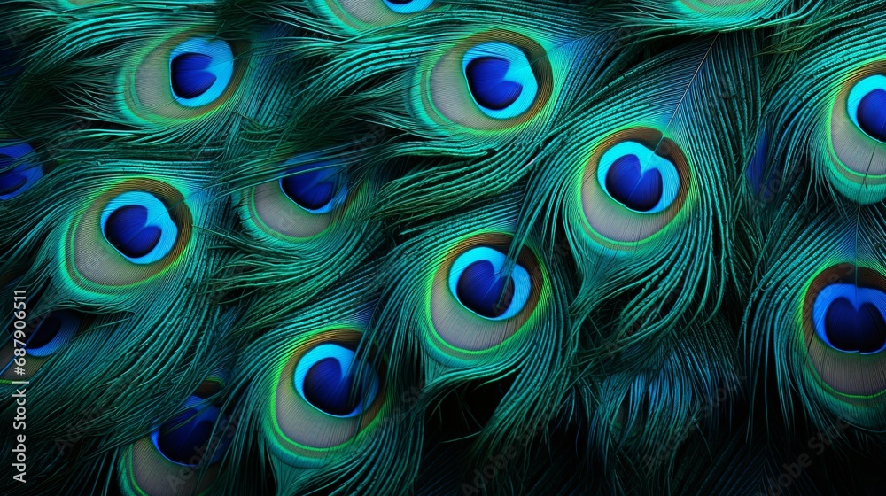 Obraz premium Macro close up Colorful peacock feathers, shallow dof texture of peacock feathers Beautiful background, rich color.Animal bird background