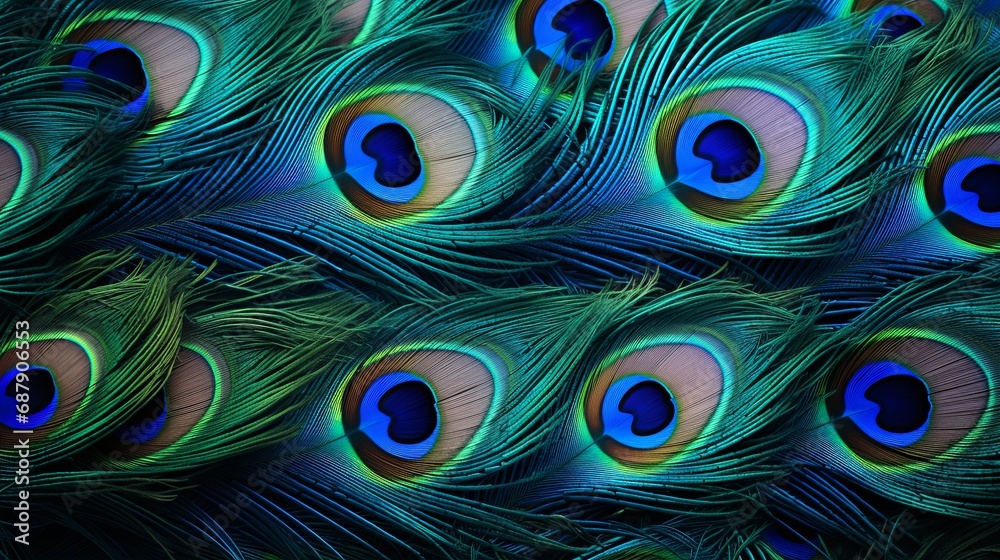 Obraz premium Macro close up Colorful peacock feathers, shallow dof texture of peacock feathers Beautiful background, rich color.Animal bird background