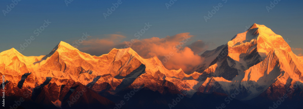 Mountains with snow on them at sunset with a blue sky, depicts a majestic mountain landscape during sunset. It is suitable for outdoor, travel, and nature-themed designs.