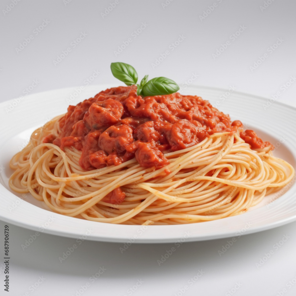 A plate of spaghetti with tomato sauce on a white background. A plate of spaghetti with tomato sauce on a white background.