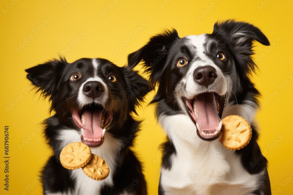 Dogs Enjoy Treat Against Vibrant Yellow Background