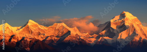 Mountains with snow on them at sunset with a blue sky, depicts a majestic mountain landscape during sunset. It is suitable for outdoor, travel, and nature-themed designs.