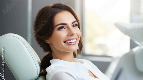 A young beautiful girl in a dentist chair smiling with beautiful white, healthy teeth. woman with white teeth photo