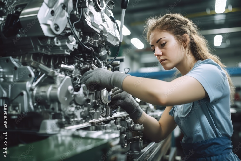 Female Worker Skillfully Operating Machinery In Automotive Manufacturing