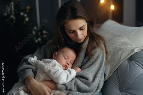 Fatigued Mom Cares For Her Baby At Home. Сoncept Newborn Sleep Tips, Postpartum Self-Care, Baby Care Essentials, Parenting Hacks, Creating A Calm Home Environment