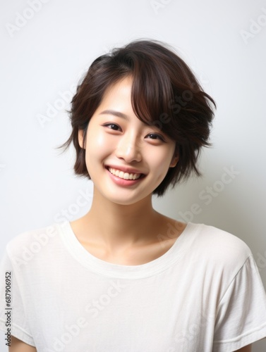 Smile of young Korean woman short hair with healthy white teeth and hygiene Concept of advertising dentist and facial care