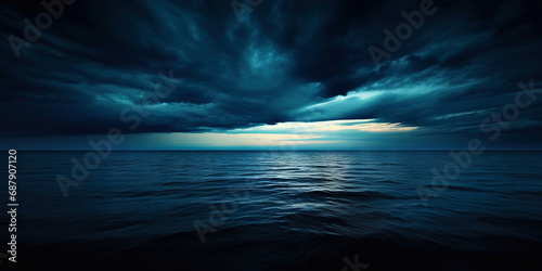Dark sea surface with a dramatic cloudy sky above. Approaching storm. Generative AI