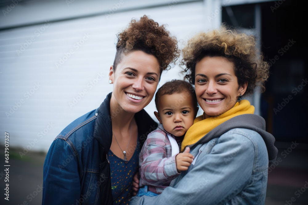 Lesbian Couple With Toddler In Arms, Family Portrait. Сoncept Candid Moments, Natural Lighting, Adventure Photography Lesbian Couple With Toddler In Arms, Family Portrait. Сoncept Candid Moments, Natural Lighting, Adventure Photography