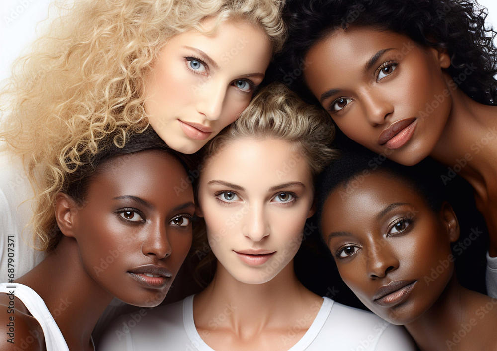Fototapeta premium Group portrait of diverse beautiful young women on white background.Macro.AI Generative.