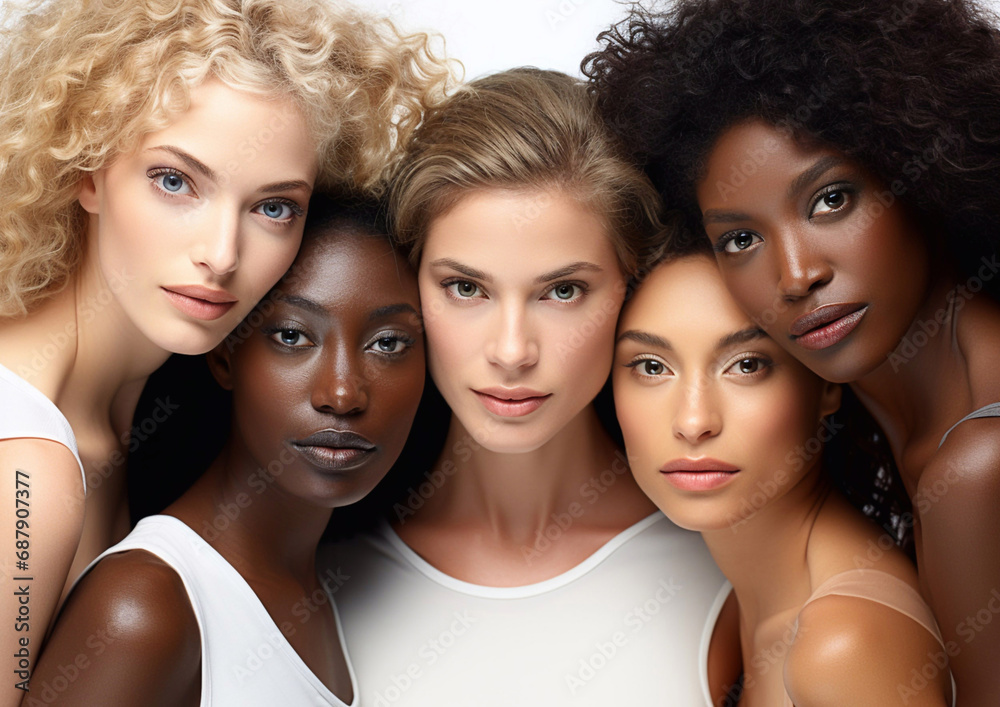 Obraz premium Group portrait of diverse beautiful young women on white background.Macro.AI Generative.