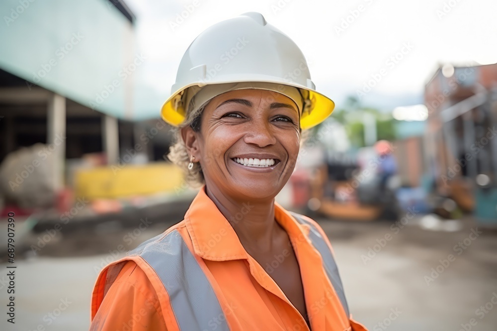 Middleaged Woman Happily Works On Construction Site Middleaged Woman Happily Works On Construction Site