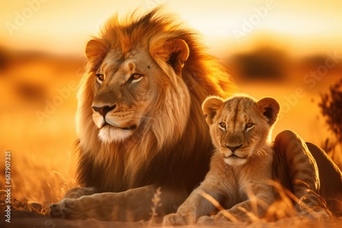 Lion Family Resting Together In Savanna Grassland At Sunset