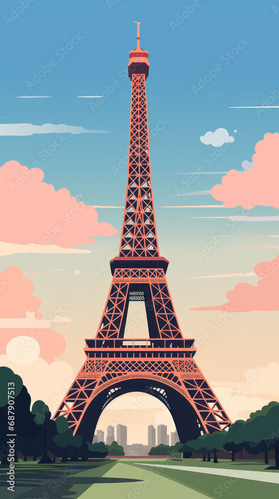 Portrait Stylized drawing of Paris Eiffel Tower close view with beautiful weather in flat colors style