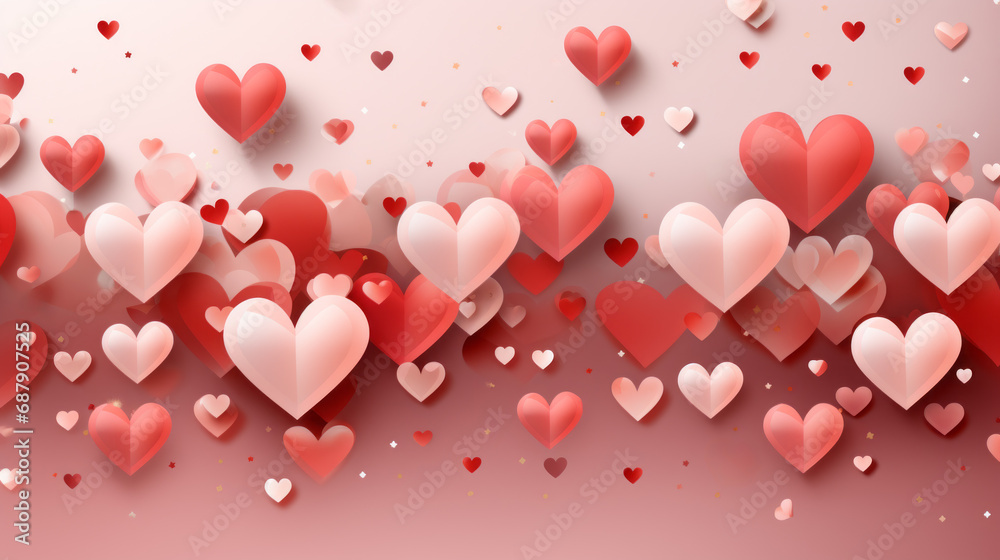 Valentine day background with many pink and red hearts with a soft pink gradient