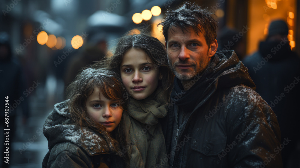 Tired and worried daddy with his two young daughters with warm clothes standing outside under snow with a blurry street in background