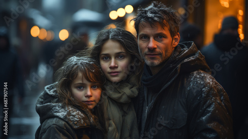 Tired and worried daddy with his two young daughters with warm clothes standing outside under snow with a blurry street in background