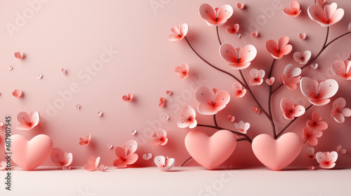 Valentine day background of a stylized tree with leafs like butterflies and some big chubby pink hearts with a soft pastel pink gradient photo