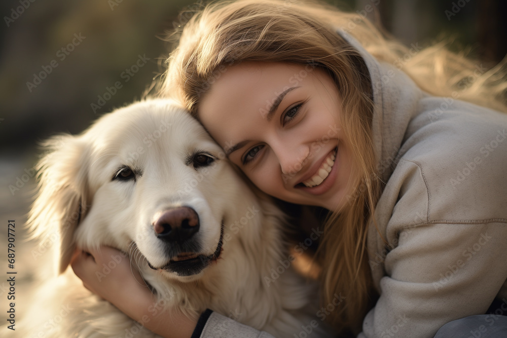 A girl hugs a dog
