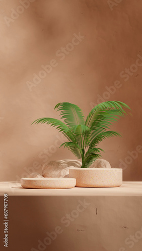 brown terrazzo textured podium in portrait palm tree and rocks, 3d render image mockup template 