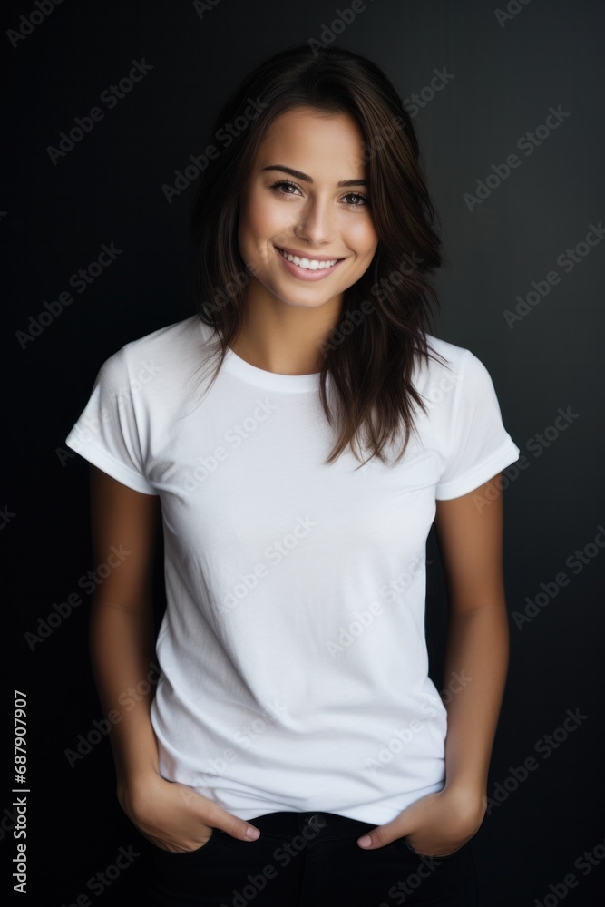 Portrait of a radiant smiling woman wearing a white t-shirt against a dark backdrop, suggesting casual elegance Portrait of a radiant smiling woman wearing a white t-shirt against a dark backdrop, suggesting casual elegance