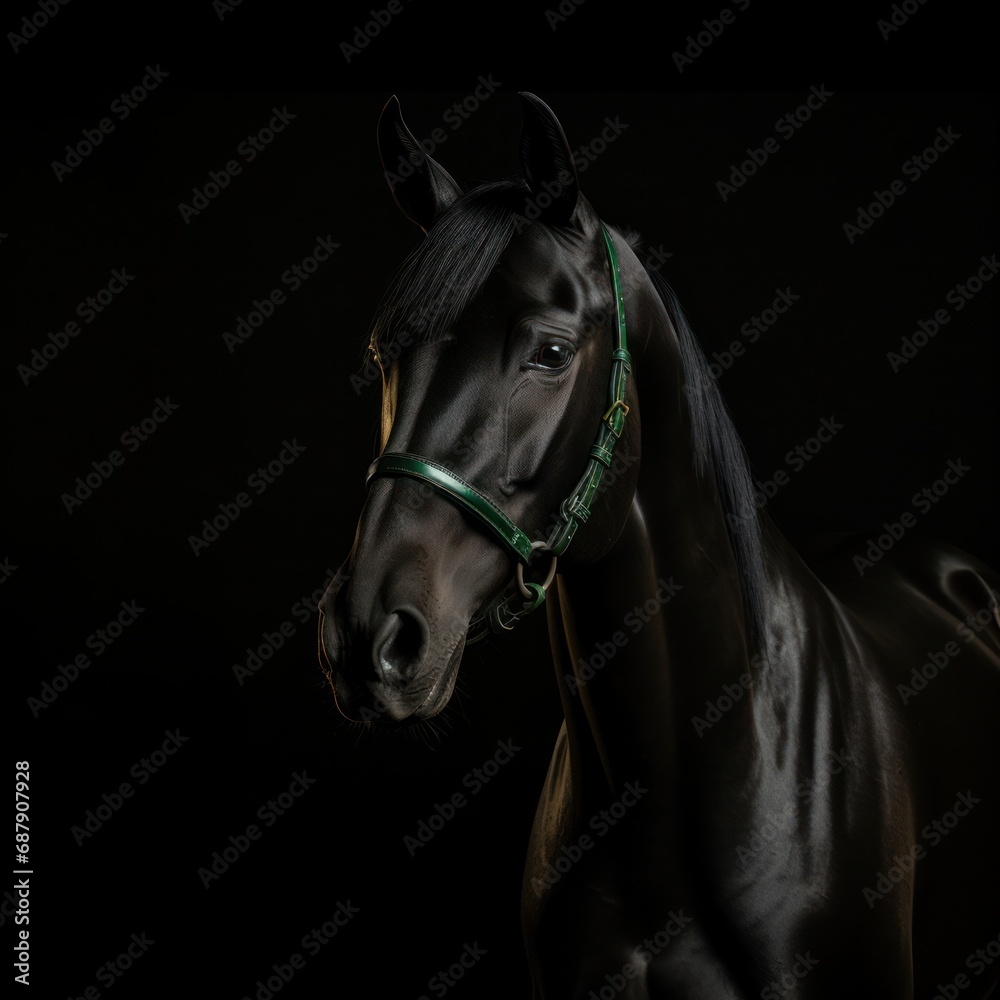 Fototapeta premium Elegant portrait of a majestic black horse with a glossy coat on a dark, moody background