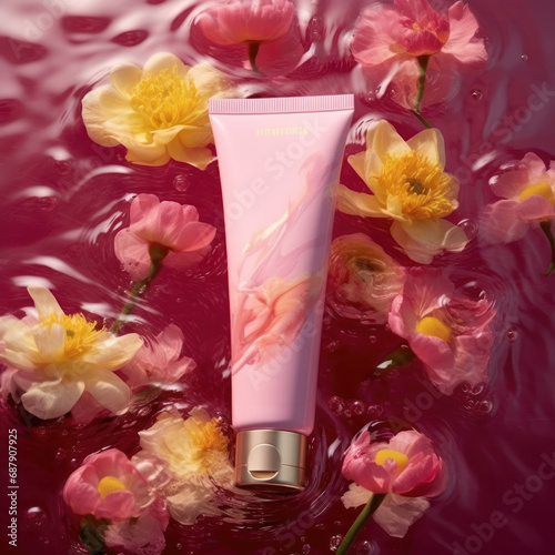 Luxurious beauty product elegantly presented among flowers floating on textured crimson water surface © Glittering Humanity