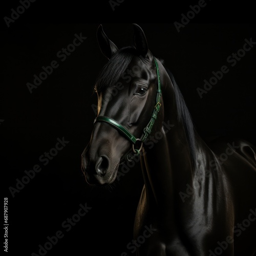 Elegant portrait of a majestic black horse with a glossy coat on a dark, moody background