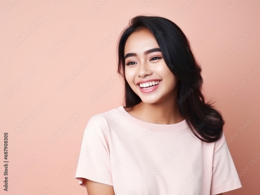 Smile of young Korean woman with healthy white teeth and hygiene Concept of advertising dentist and facial care Smile of young Korean woman with healthy white teeth and hygiene Concept of advertising dentist and facial care