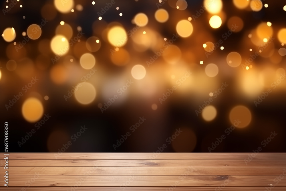 An empty wooden table top on a bokeh background An empty wooden table top on a bokeh background