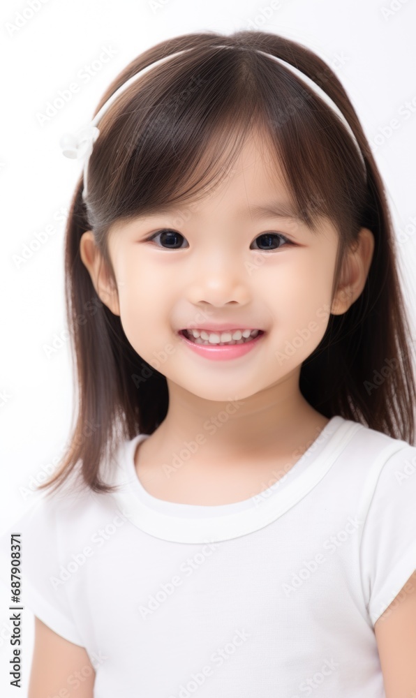 Smile of little Korean girl with healthy white teeth and hygiene Concept of advertising dentist and facial care Smile of little Korean girl with healthy white teeth and hygiene Concept of advertising dentist and facial care
