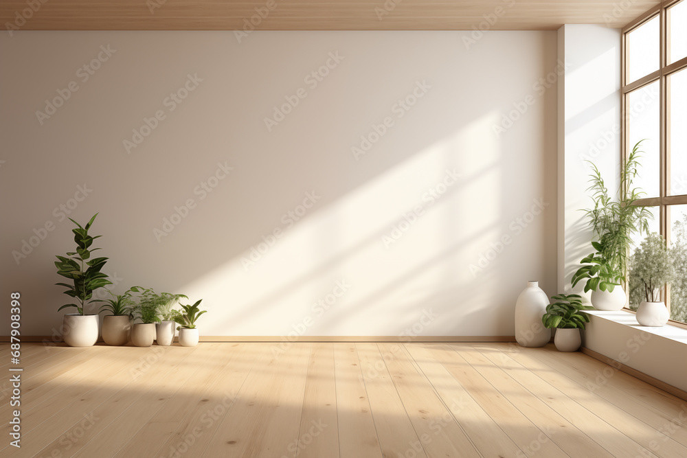 An empty room of a beige modern loft with plants An empty room of a beige modern loft with plants