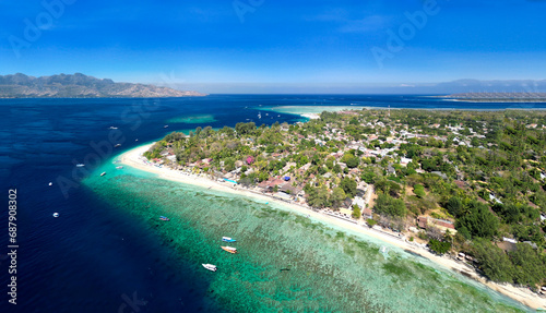 Amazing aerial view of Gili Air coastline on a sunny day, Indonesia